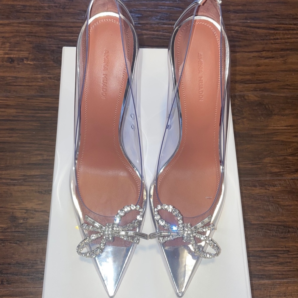 FW21 Amina Muaddi Rosie Crystal Embellished Clear PVC Translucent Pumps EU 40